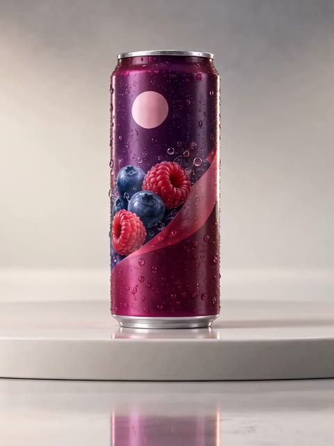 A mixed berry SIP can on a circular plinth.