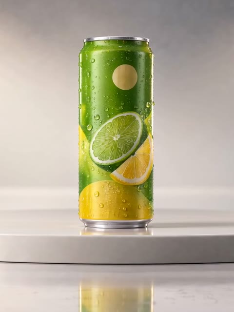 A green lime and lemon SIP can on a circular plinth.