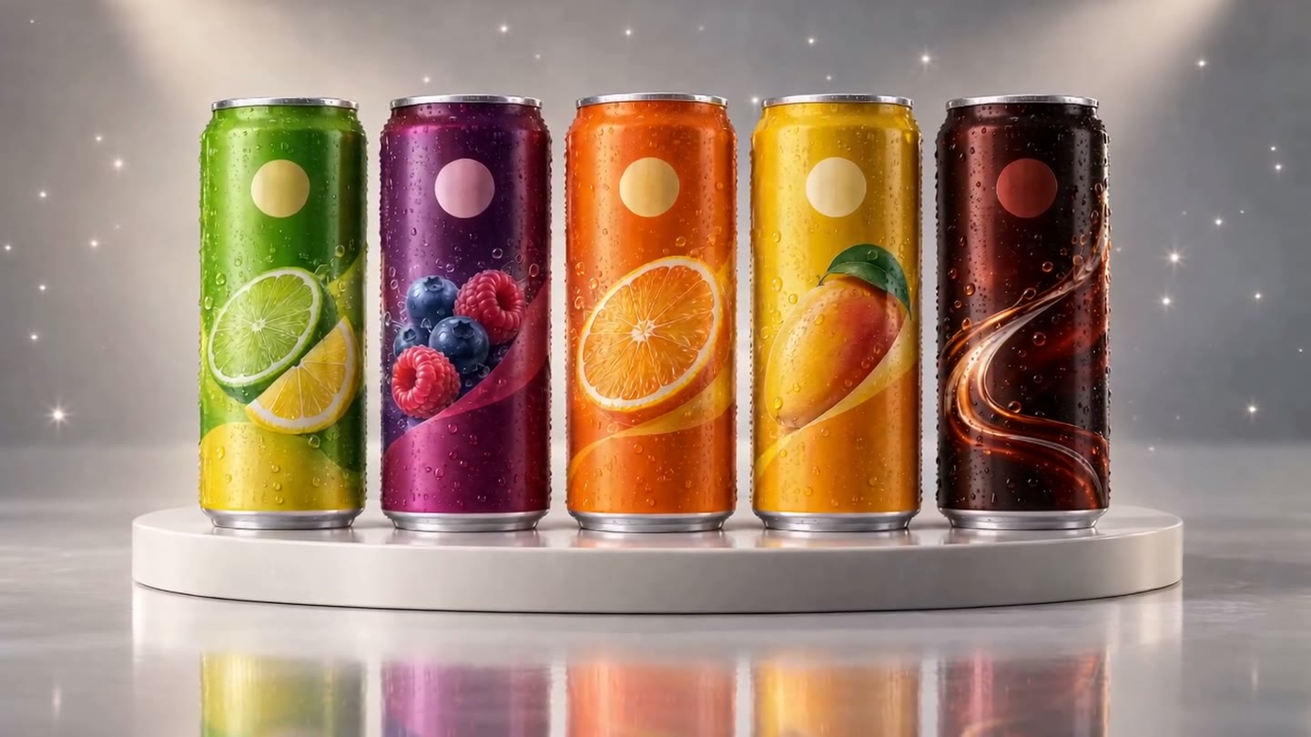 All five SIP cans together: lime and lemon, mixed berry, orange, mango, and cola.